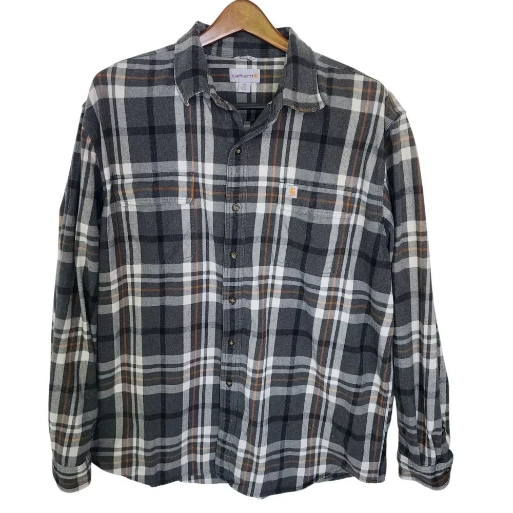 Carhartt Flannel Shirt Men 2XLT Gray Plaid Long Sleeve Original Fit Heavyweight